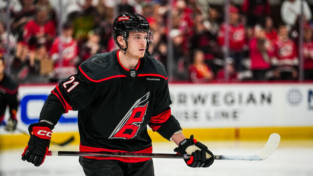 RALEIGH, NORTH CAROLINA - MAY 12: Alexander Nikishin #21 of the Carolina Hurricanes warms up prior to Game Four of the Second Round of the 2025 Stanley Cup Playoffs against the Washington Capitals at Lenovo Center on May 12, 2025 in Raleigh, North Carolina.