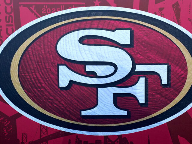GREEN BAY, WISCONSIN - APRIL 23: A general view of the San Francisco 49ers logo prior to the 2025 NFL Draft at Lambeau Field on April 23, 2025 in Green Bay, Wisconsin.
