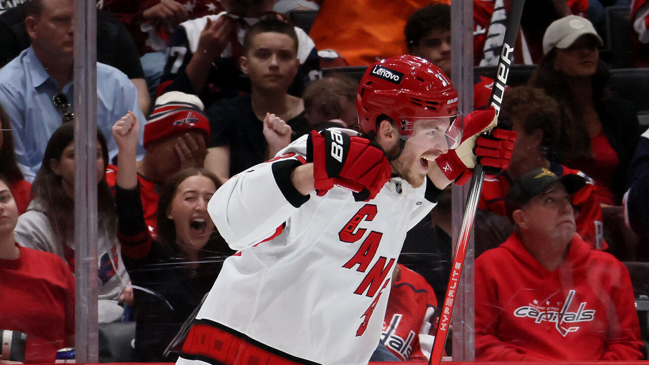 WASHINGTON, DC - MAY 15: Andrei Svechnikov #37 of the Carolina Hurricanes celebrates after scoring a goal against the Washington Capitals during the third period in Game Five of the Second Round of the 2025 Stanley Cup Playoffs at Capital One Arena on May 15, 2025 in Washington, DC.