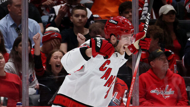 WASHINGTON, DC - MAY 15: Andrei Svechnikov #37 of the Carolina Hurricanes celebrates after scoring a goal against the Washington Capitals during the third period in Game Five of the Second Round of the 2025 Stanley Cup Playoffs at Capital One Arena on May 15, 2025 in Washington, DC.