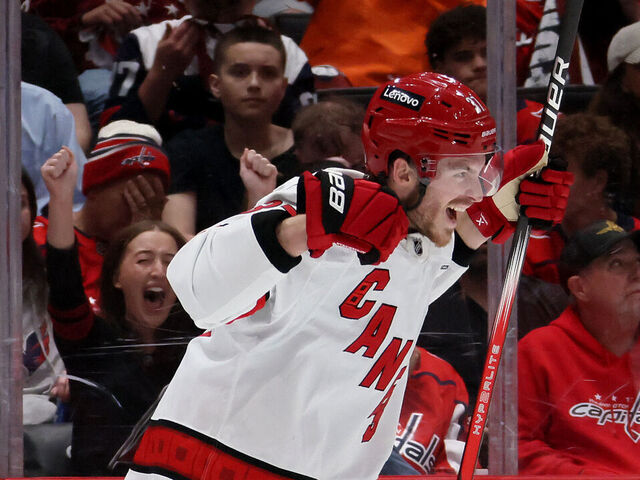 WASHINGTON, DC - MAY 15: Andrei Svechnikov #37 of the Carolina Hurricanes celebrates after scoring a goal against the Washington Capitals during the third period in Game Five of the Second Round of the 2025 Stanley Cup Playoffs at Capital One Arena on May 15, 2025 in Washington, DC.