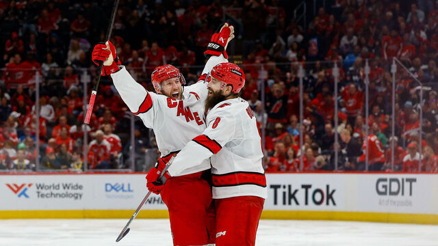 WASHINGTON, DC - MAY 6: Jaccob Slavin #74 of the Carolina Hurricanes celebrates a game-winning goat in the overtime period of Game One of the Second Round of the 2025 Stanley Cup Playoffs against the Washington Capitals at Capital One Arena on May 6, 2025 in Washington, D.C.
