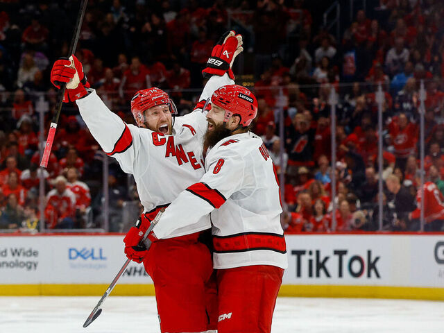 WASHINGTON, DC - MAY 6: Jaccob Slavin #74 of the Carolina Hurricanes celebrates a game-winning goat in the overtime period of Game One of the Second Round of the 2025 Stanley Cup Playoffs against the Washington Capitals at Capital One Arena on May 6, 2025 in Washington, D.C.