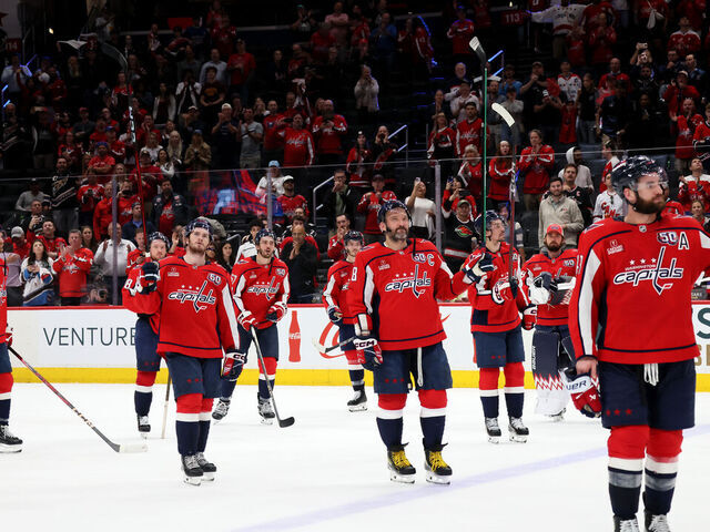 WASHINGTON, DC - MAY 15: Alex Ovechkin #8 of the Washington Capitals and teammates acknowledge the crowd after losing to the Carolina Hurricanes 3-1 in Game Five of the Second Round of the 2025 Stanley Cup Playoffs at Capital One Arena on May 15, 2025 in Washington, DC.