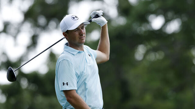 CHARLOTTE, NC - MAY 15: Jordan Spieth (USA) reacts after his tee shot at the 9th hole during the first round of the PGA Championship at Quail Hollow Country Club on May 15, 2025 in Charlotte, North Carolina.