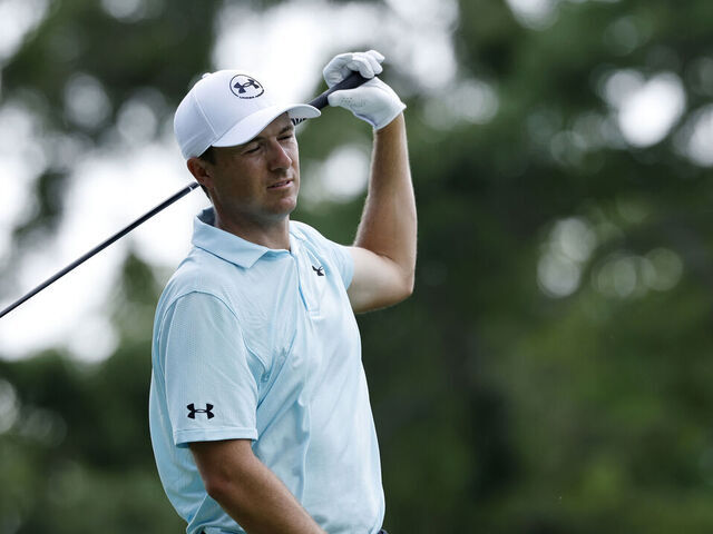 CHARLOTTE, NC - MAY 15: Jordan Spieth (USA) reacts after his tee shot at the 9th hole during the first round of the PGA Championship at Quail Hollow Country Club on May 15, 2025 in Charlotte, North Carolina.