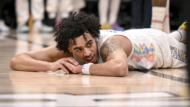 DENVER, CO - MAY 15: Julian Strawther (3) of the Denver Nuggets lies on the floor after drawing a foul from Jaylin Williams (6) of the Oklahoma City Thunder during the fourth quarter of the Nuggets' 119-107 win at Ball Arena in Denver, Colorado on Thursday, May 15, 2025. The Nuggets forced a game seven in their Western Conference semifinal on Sunday at Oklahoma City.