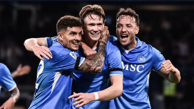 NAPLES, ITALY - APRIL 27: Scott McTominay of SSC Napoli celebrates with Giovanni Di Lorenzo and Amir Rrahmani after scoring a goal to make it 2-0 during the Serie A match between Napoli and Torino at Stadio Diego Armando Maradona on April 27, 2025 in Naples, Italy.