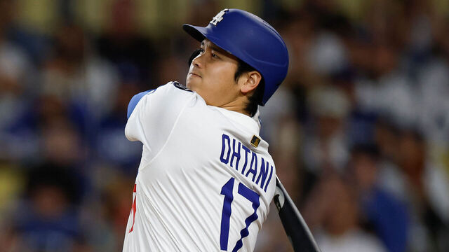 LOS ANGELES, CALIFORNIA - MAY 15: Shohei Ohtani #17 of the Los Angeles Dodgers watches his two-run home run in flight in the fourth inning against the Athletics at Dodger Stadium on May 15, 2025 in Los Angeles, California.