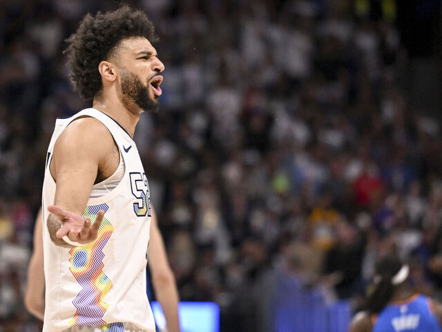 DENVER, CO - MAY 15: Jamal Murray (27) of the Denver Nuggets plays to the crowd afte mimicking the foul-drawing body movements of Shai Gilgeous-Alexander (2) of the Oklahoma City Thunder during the third quarter of the Nuggets' 119-107 win at Ball Arena in Denver, Colorado on Thursday, May 15, 2025. The Nuggets forced a game seven in their Western Conference semifinal on Sunday at Oklahoma City.