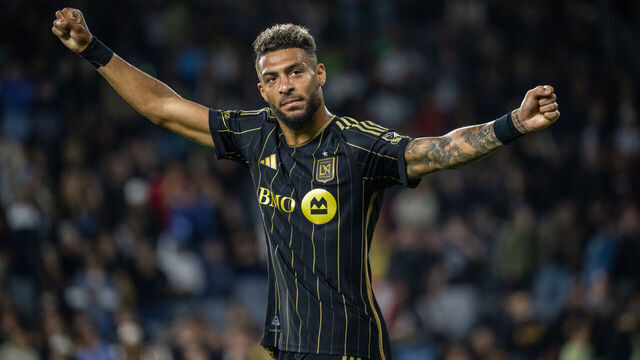 LOS ANGELES, CA - MAY 14: Denis Bouanga #99 of Los Angeles FC celebrates his goal during the second half of the match against Seattle Sounders at BMO Stadium on May 14, 2025 in Los Angeles, California. Los Angeles FC won the match 4-0.