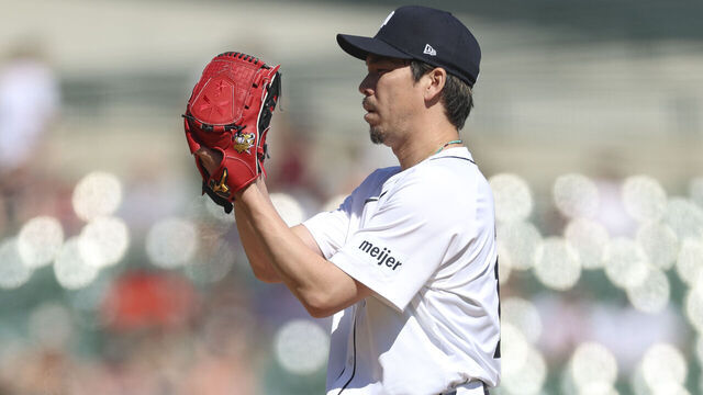 DETROIT, MICHIGAN - APRIL 27: Kenta Maeda #18 of the Detroit Tigers prepares to throw a pitch in the ninth inning during a game against the Baltimore Orioles at Comerica Park on April 27, 2025 in Detroit, Michigan.