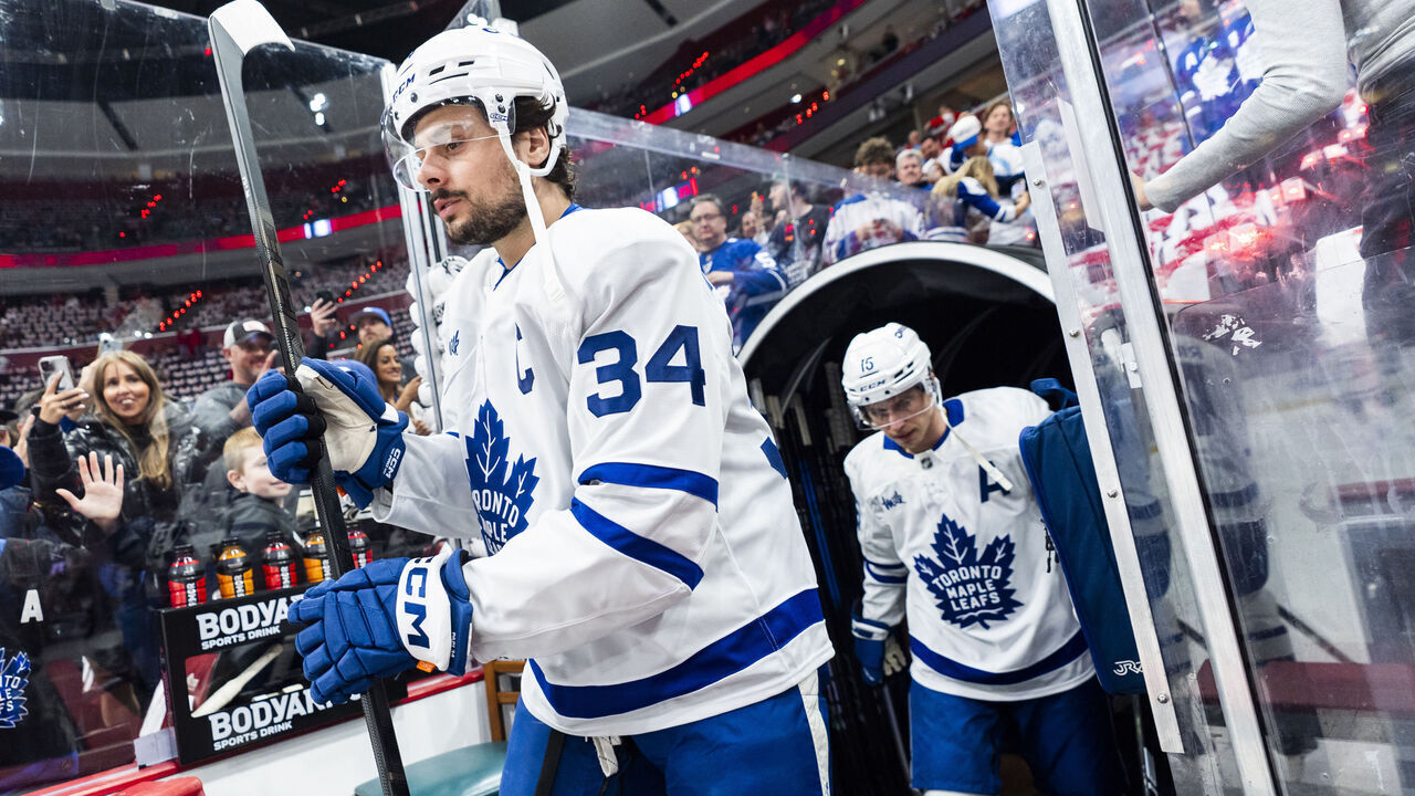 SUNRISE, FL - MAY 11: Auston Matthews #34 and Mitch Marner #16 of Toronto Maple Leafs take the ice for warm ups against the Florida Panthers in Game Four of the Second Round of the 2025 Stanley Cup Playoffs at Amerant Bank Arena on May 11, 2025 in Sunrise, Florida.