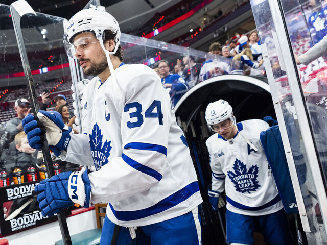 SUNRISE, FL - MAY 11: Auston Matthews #34 and Mitch Marner #16 of Toronto Maple Leafs take the ice for warm ups against the Florida Panthers in Game Four of the Second Round of the 2025 Stanley Cup Playoffs at Amerant Bank Arena on May 11, 2025 in Sunrise, Florida.