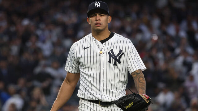 NEW YORK, NY - OCTOBER 18: Jonathan Loáisiga #43 of the New York Yankees looks on after the final out in the top of the sixth inning during the game between the Cleveland Guardians and the New York Yankees at Yankee Stadium on Tuesday, October 18, 2022 in New York, New York.