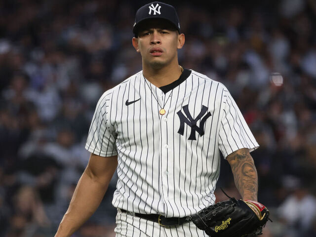 NEW YORK, NY - OCTOBER 18: Jonathan Loáisiga #43 of the New York Yankees looks on after the final out in the top of the sixth inning during the game between the Cleveland Guardians and the New York Yankees at Yankee Stadium on Tuesday, October 18, 2022 in New York, New York.