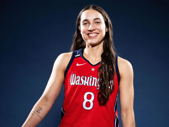 WASHINGTON, DC - APRIL 28: Georgia Amoore #8 of the Washington Mystics poses for a portrait during WNBA Media Day on April 28, 2025 at CareFirst Arena in Washington, DC. NOTE TO USER: User expressly acknowledges and agrees that, by downloading and/or using this Photograph, user is consenting to the terms and conditions of the Getty Images License Agreement. Mandatory Copyright Notice: Copyright 2025 NBAE