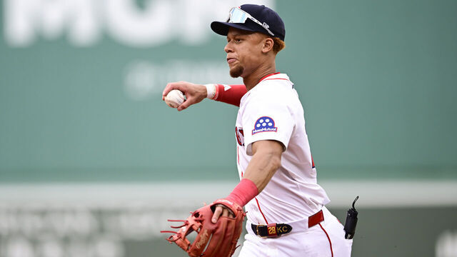 BOSTON, MASSACHUSETTS - MAY 08: Kristian Campbell #28 of the Boston Red Sox throws to first in the fifth inning against the Texas Rangers at Fenway Park on May 08, 2025 in Boston, Massachusetts.