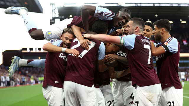 Aston Villa's Boubacar Kamara (centre) celebrates scoring their side's second goal of the game with team-mates during the Premier League match at Villa Park, Birmingham. Picture date: Friday May 16, 2025.