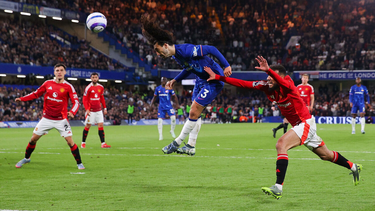 LONDON, ENGLAND - MAY 16: Marc Cucurella of Chelsea scores their side's first goal during the Premier League match between Chelsea FC and Manchester United FC at Stamford Bridge on May 16, 2025 in London, England.