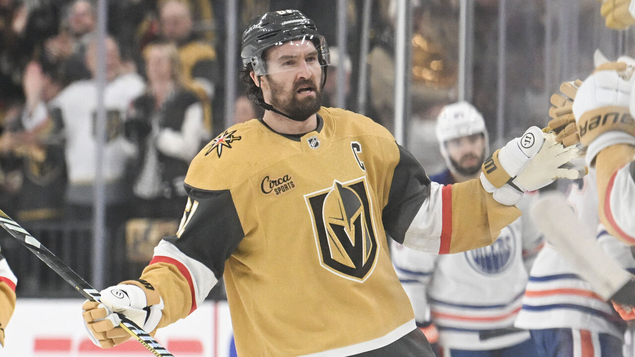 LAS VEGAS, NEVADA - MAY 06: Mark Stone #61 of the Vegas Golden Knights celebrates his second goal in the first period against the Edmonton Oilers in Game One of the Second Round of the 2025 Stanley Cup Playoffs at T-Mobile Arena on May 06, 2025 in Las Vegas, Nevada.