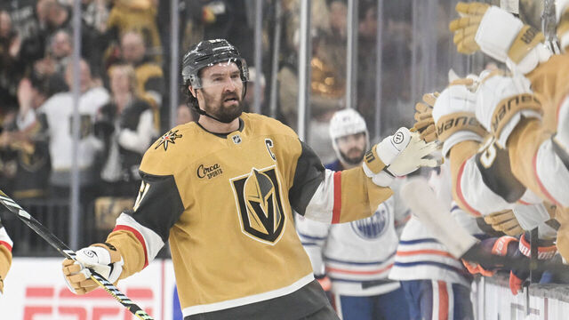 LAS VEGAS, NEVADA - MAY 06: Mark Stone #61 of the Vegas Golden Knights celebrates his second goal in the first period against the Edmonton Oilers in Game One of the Second Round of the 2025 Stanley Cup Playoffs at T-Mobile Arena on May 06, 2025 in Las Vegas, Nevada.