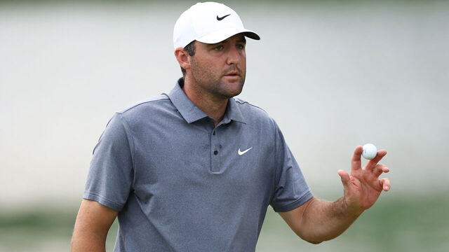 CHARLOTTE, NORTH CAROLINA - MAY 16: Scottie Scheffler of the United States reacts after making a birdie on the 14th hole during the second round of the PGA Championship at Quail Hollow Country Club on May 16, 2025 in Charlotte, North Carolina.