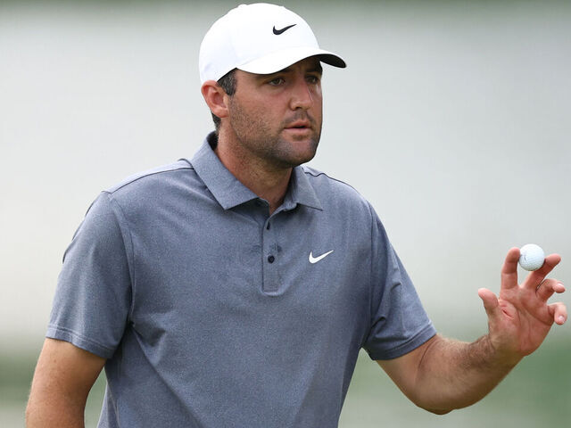 CHARLOTTE, NORTH CAROLINA - MAY 16: Scottie Scheffler of the United States reacts after making a birdie on the 14th hole during the second round of the PGA Championship at Quail Hollow Country Club on May 16, 2025 in Charlotte, North Carolina.
