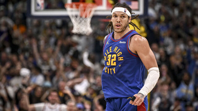 DENVER, CO - MAY 9: Aaron Gordon (32) of the Denver Nuggets reacts to making a three pointer during the fourth quarter of the Nuggets' 113-104 overtime win over the Oklahoma City Thunder at Ball Arena in Denver, Colorado on Friday, May 9, 2025.