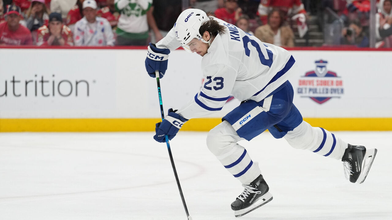 SUNRISE, FL - MAY 11: Toronto Maple Leafs left wing Matthew Knies (23) attempts a shot on a breakaway in the third period during game four of the Stanley Cup Playoffs 2nd Round between the Toronto Maple Leafs and the Florida Panthers on Sunday, May 11, 2025 at Amerant Bank Arena in Sunrise, FL.