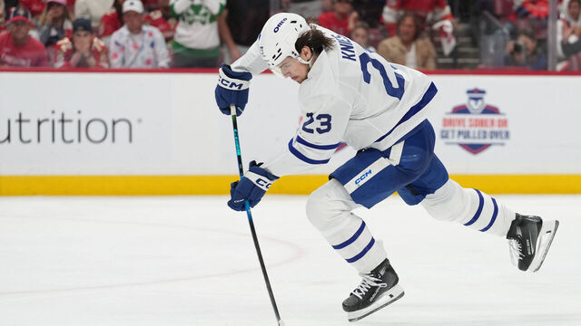 SUNRISE, FL - MAY 11: Toronto Maple Leafs left wing Matthew Knies (23) attempts a shot on a breakaway in the third period during game four of the Stanley Cup Playoffs 2nd Round between the Toronto Maple Leafs and the Florida Panthers on Sunday, May 11, 2025 at Amerant Bank Arena in Sunrise, FL.