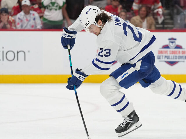 SUNRISE, FL - MAY 11: Toronto Maple Leafs left wing Matthew Knies (23) attempts a shot on a breakaway in the third period during game four of the Stanley Cup Playoffs 2nd Round between the Toronto Maple Leafs and the Florida Panthers on Sunday, May 11, 2025 at Amerant Bank Arena in Sunrise, FL.
