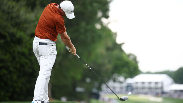 CHARLOTTE, NORTH CAROLINA - MAY 16: Rory McIlroy of Northern Ireland hits a tee shot on the 18th hole during the second round of the PGA Championship at Quail Hollow Country Club on May 16, 2025 in Charlotte, North Carolina.