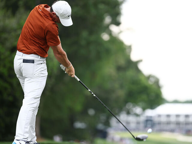 CHARLOTTE, NORTH CAROLINA - MAY 16: Rory McIlroy of Northern Ireland hits a tee shot on the 18th hole during the second round of the PGA Championship at Quail Hollow Country Club on May 16, 2025 in Charlotte, North Carolina.