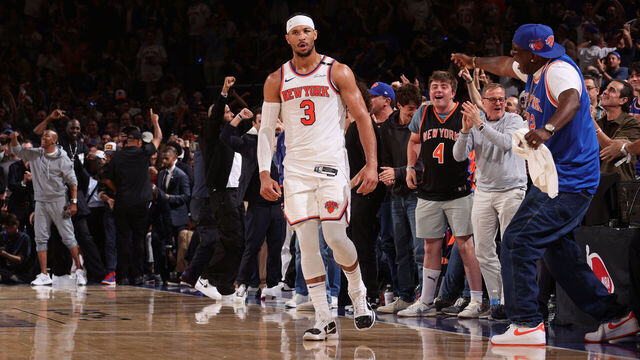 NEW YORK, NY - MAY 16: Josh Hart #3 of the New York Knicks celebrates during the game against the Boston Celtics during Round 2 Game 6 of the 2025 NBA Playoffs on May 16, 2025 at Madison Square Garden in New York City, New York. Mandatory Copyright Notice: Copyright 2025 NBAE