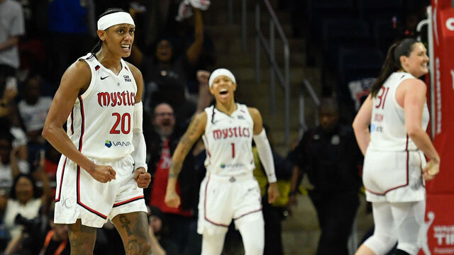 WASHINGTON, DC - MAY 16: (L-R) Brittney Sykes #20, Sug Sutton #1 and Stefanie Dolson #31 of the Washington Mystics celebrates after the game against the Atlanta Dream at Carefirst Arena on May 16, 2025 in Washington, DC. The Mystics defeated the Dream 94-90.