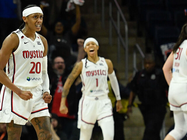 WASHINGTON, DC - MAY 16: (L-R) Brittney Sykes #20, Sug Sutton #1 and Stefanie Dolson #31 of the Washington Mystics celebrates after the game against the Atlanta Dream at Carefirst Arena on May 16, 2025 in Washington, DC. The Mystics defeated the Dream 94-90.