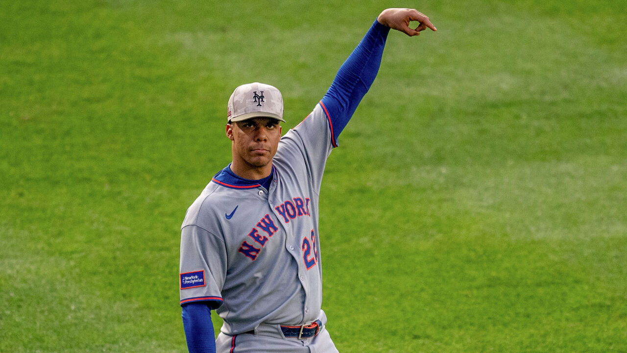 NEW YORK, NY - MAY 16: Juan Soto #22 of the New York Mets looks towards the outfield stands as he signals a second out during the game between the New York Mets and the New York Yankees at Yankee Stadium on Friday, May 16, 2025 in New York, New York.