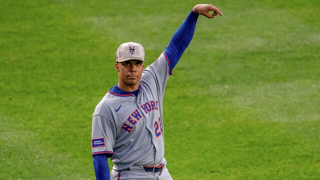 NEW YORK, NY - MAY 16: Juan Soto #22 of the New York Mets looks towards the outfield stands as he signals a second out during the game between the New York Mets and the New York Yankees at Yankee Stadium on Friday, May 16, 2025 in New York, New York.