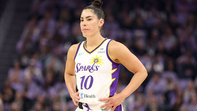 SAN FRANCISCO, CALIFORNIA - MAY 16: Kelsey Plum #10 of the Los Angeles Sparks stands on the court during their game against the Golden State Valkyries at Chase Center on May 16, 2025 in San Francisco, California. Tonight is the Valkyries first home game in their inaugural season.