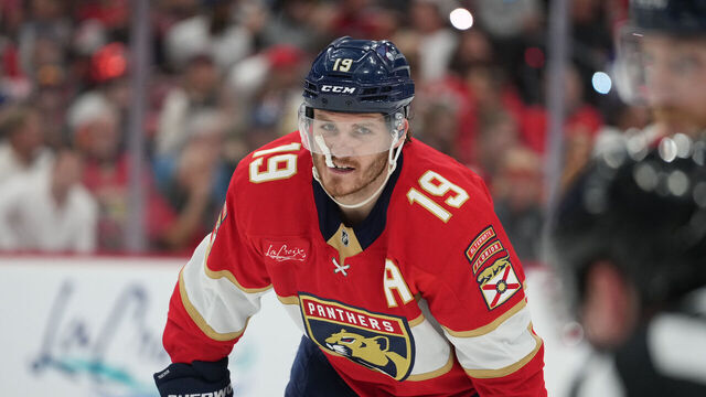 SUNRISE, FL - MAY 16: Florida Panthers left wing Matthew Tkachuk (19) waits for faace-off in the second period during game six of the Stanley Cup Playoffs 2nd Round between the Toronto Maple Leafs and the Florida Panthers on Sunday, May 11, 2025 at Amerant Bank Arena in Sunrise, FL.