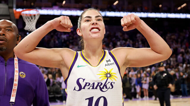 SAN FRANCISCO, CALIFORNIA - MAY 16: Kelsey Plum #10 of the Los Angeles Sparks reacts after they beat the Golden State Valkyries at Chase Center on May 16, 2025 in San Francisco, California. Tonight is the Valkyries first home game in their inaugural season.