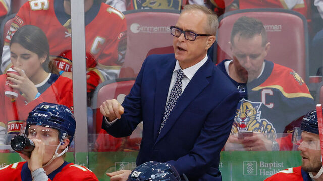 SUNRISE, FL - MAY 09: Florida Panthers Head Coach Paul Maurice looks on during the Stanley Cup Playoffs 2nd Round game between the Toronto Maple Leafs and the Florida Panthers on Friday May 9, 2025 at Amerant Bank Arena in Sunrise, Fla.