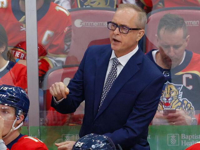 SUNRISE, FL - MAY 09: Florida Panthers Head Coach Paul Maurice looks on during the Stanley Cup Playoffs 2nd Round game between the Toronto Maple Leafs and the Florida Panthers on Friday May 9, 2025 at Amerant Bank Arena in Sunrise, Fla.