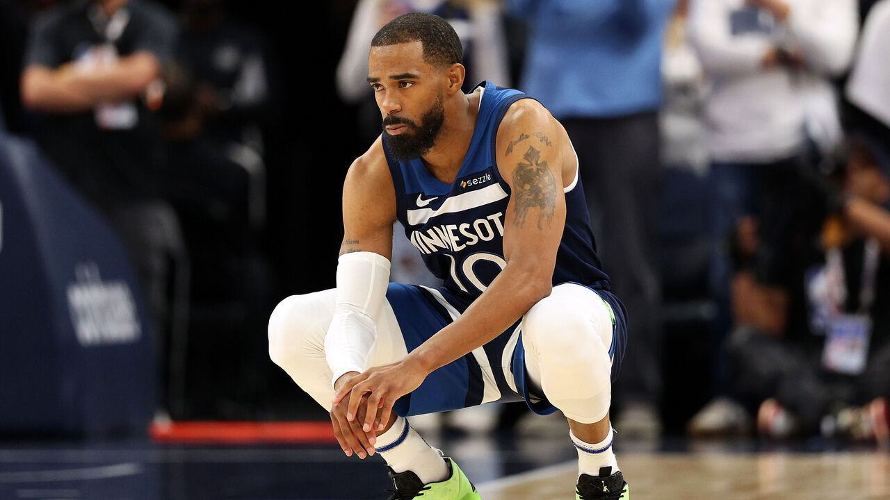 MINNEAPOLIS, MINNESOTA - APRIL 27: Mike Conley #10 of the Minnesota Timberwolves looks on against the Los Angeles Lakers prior to the start of th efirst quarter of Game Four of the First Round of the 2025 NBA Playoffs at Target Center on April 27, 2025 in Minneapolis, Minnesota. The Timberwolves defeated the Lakers 116-113 to take a 3-1 series lead.