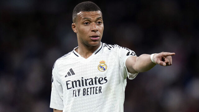 MADRID, SPAIN - MAY 14: Kylian Mbappe' of Real Madrid reacts during the LaLiga match between Real Madrid CF and RCD Mallorca at Estadio Santiago Bernabeu on May 14, 2025 in Madrid, Spain.