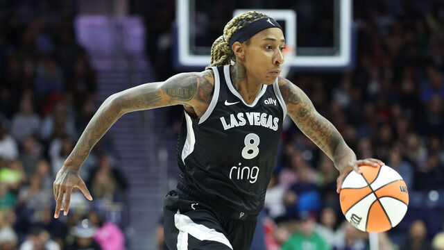 SOUTH BEND, IN - MAY 2: Crystal Bradford #8 of the Las Vegas Aces drives to the basket during the game against the Dallas Wings during the WNBA Preseason Game on May 2, 2025 at Purcell Pavilion at the Joyce Center in South Bend, Indiana. Mandatory Copyright Notice: Copyright 2025 NBAE