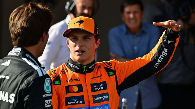 McLaren's Australian driver Oscar Piastri gestures after placing first in the qualifying session for the 2025 Emilia Romagna Formula One Grand Prix at the Imola autodrome in Imola, on May 17, 2025.