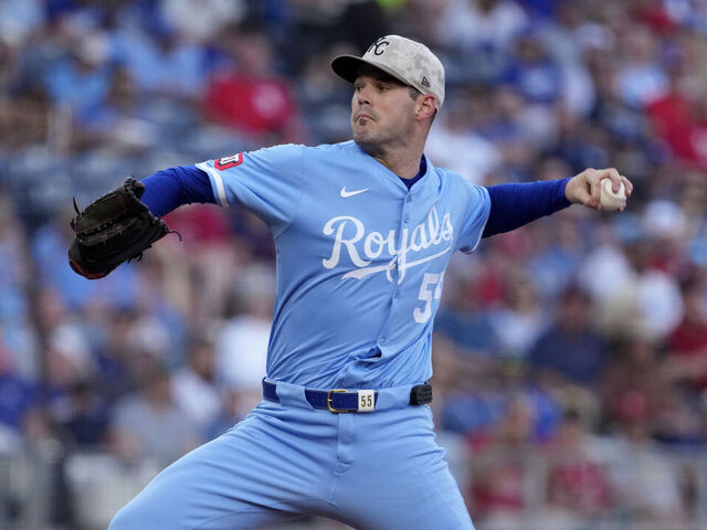 KANSAS CITY, MISSOURI - MAY 16: Cole Ragans #55 of the Kansas City Royals throws in the first inning against the St. Louis Cardinals at Kauffman Stadium on May 16, 2025 in Kansas City, Missouri.