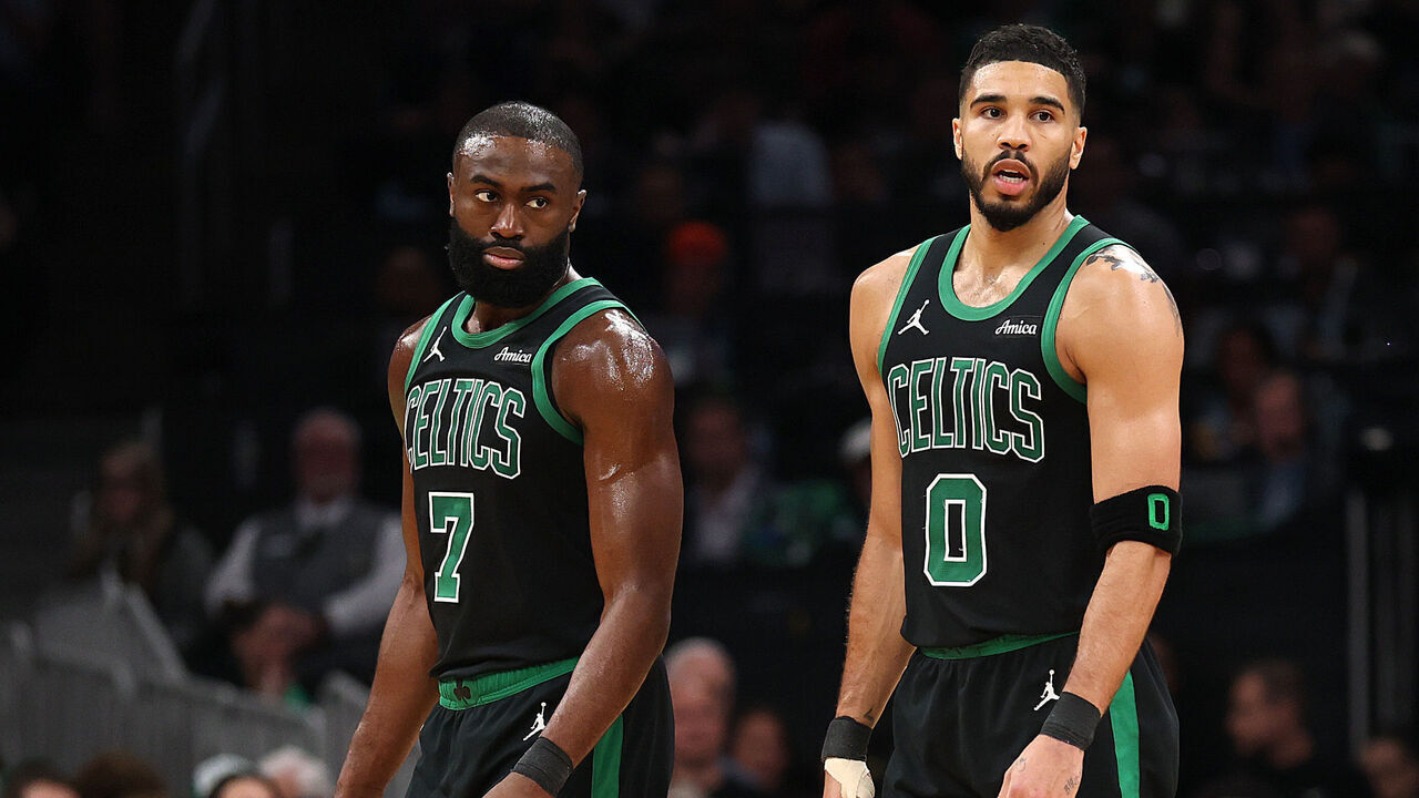 BOSTON, MASSACHUSETTS - APRIL 29: Jayson Tatum #0 of the Boston Celtics and Jaylen Brown #7 look on in Game Five of the Eastern Conference First Round NBA Playoffs against the Orlando Magic at TD Garden on April 29, 2025 in Boston, Massachusetts.